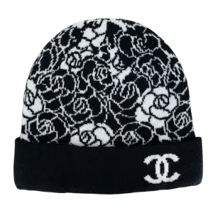 Chanel Camellia Cashmere Beanie Black White Pre-Owned