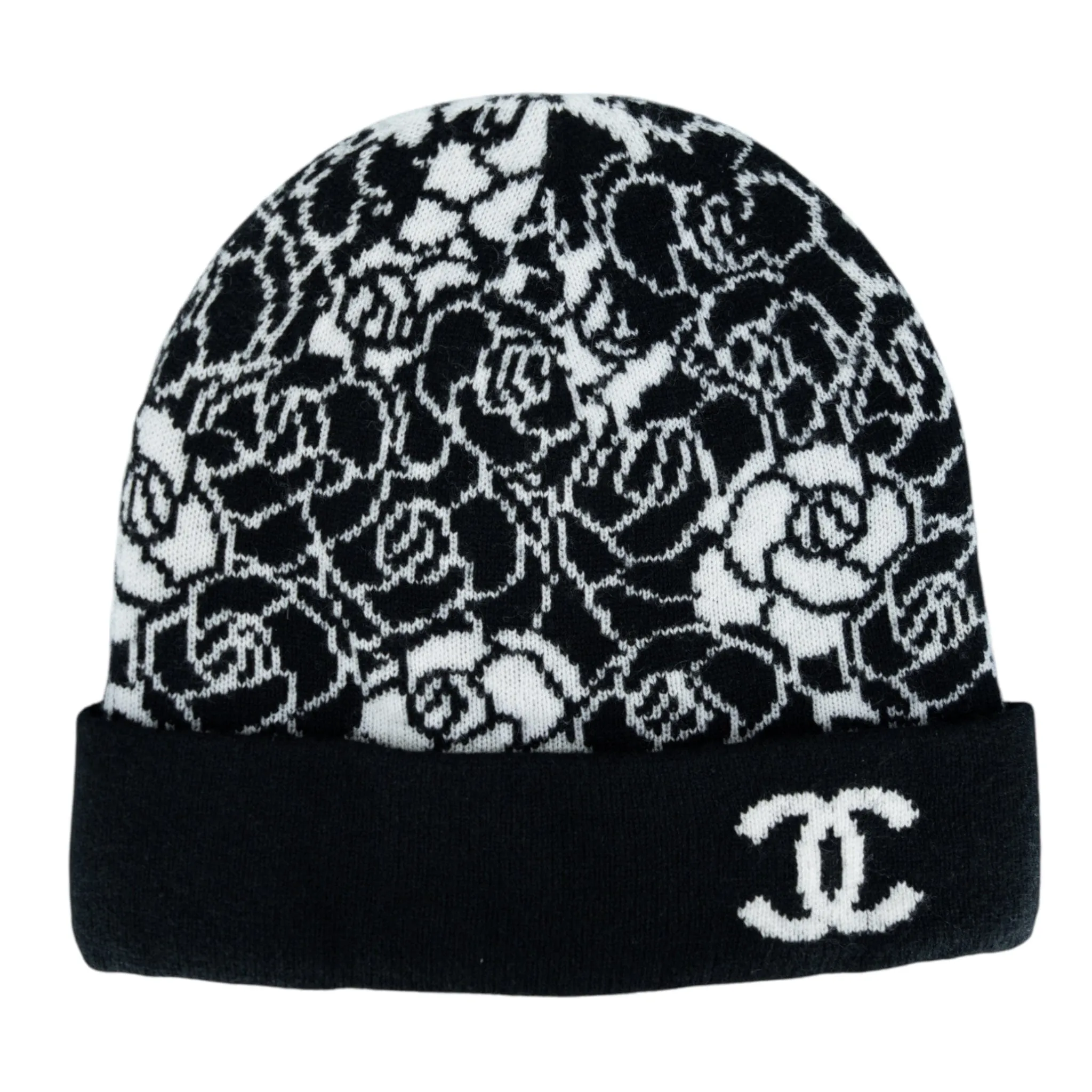 Chanel Camellia Cashmere Beanie Black White Pre-Owned