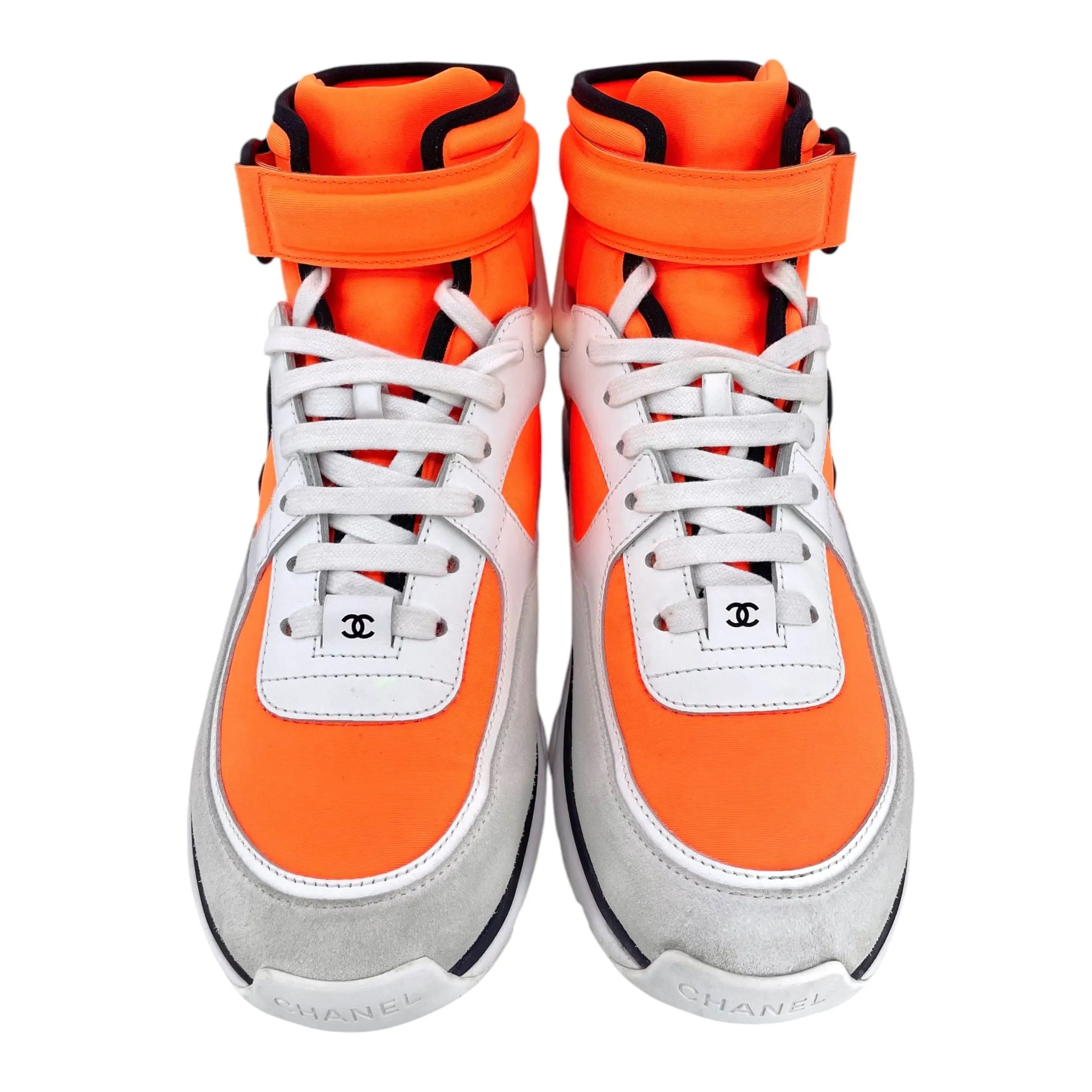 Chanel CC Logo Trainer High Suede Orange White Black Pre-Owned