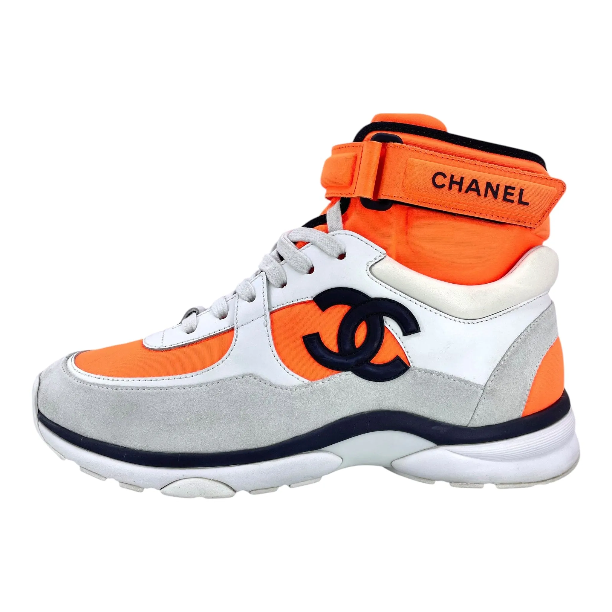 Chanel CC Logo Trainer High Suede Orange White Black Pre-Owned