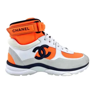 Chanel CC Logo Trainer High Suede Orange White Black Pre-Owned