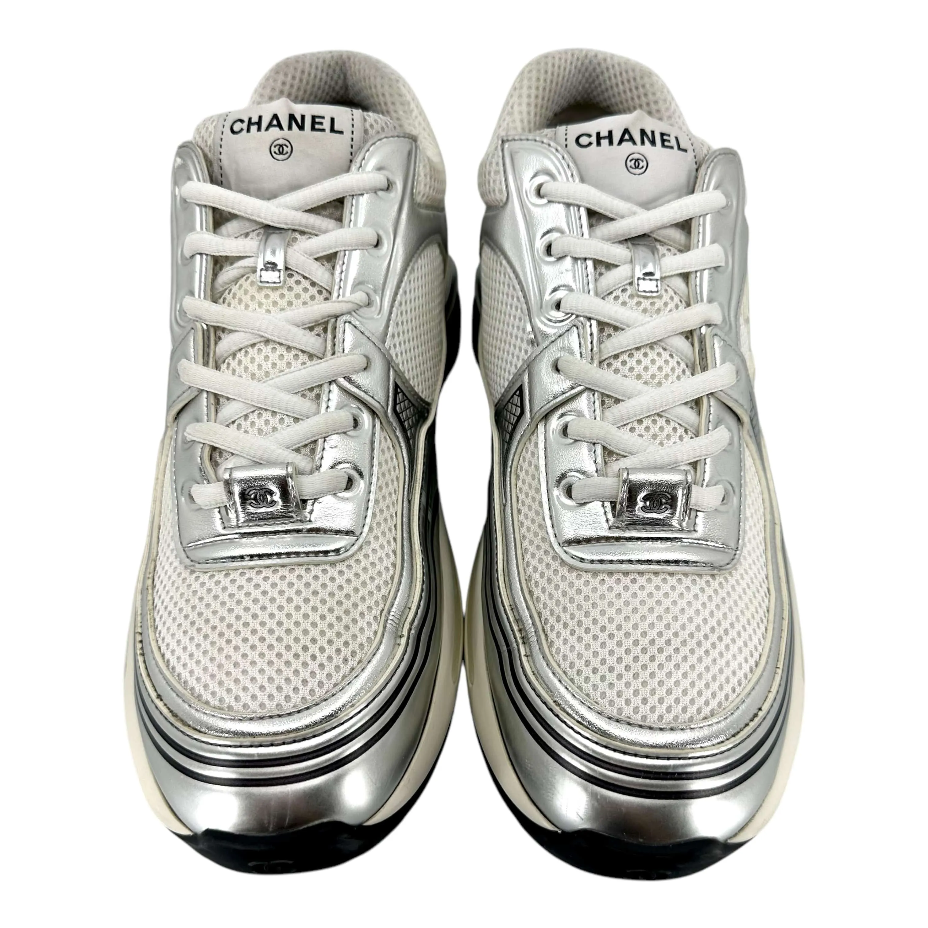 Chanel CC Logo Trainer Low Mesh White Light Grey Silver Pre-Owned