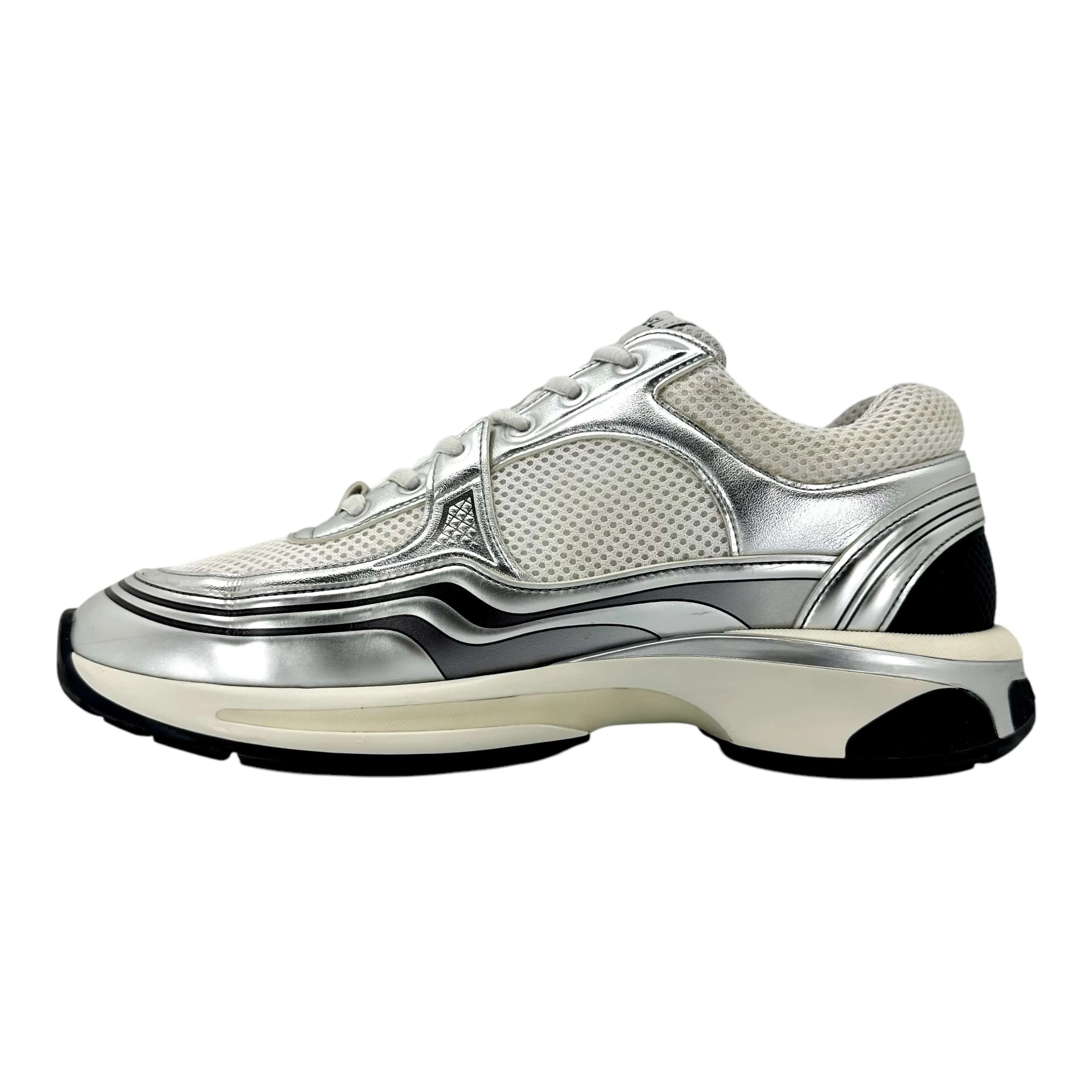 Chanel CC Logo Trainer Low Mesh White Light Grey Silver Pre-Owned