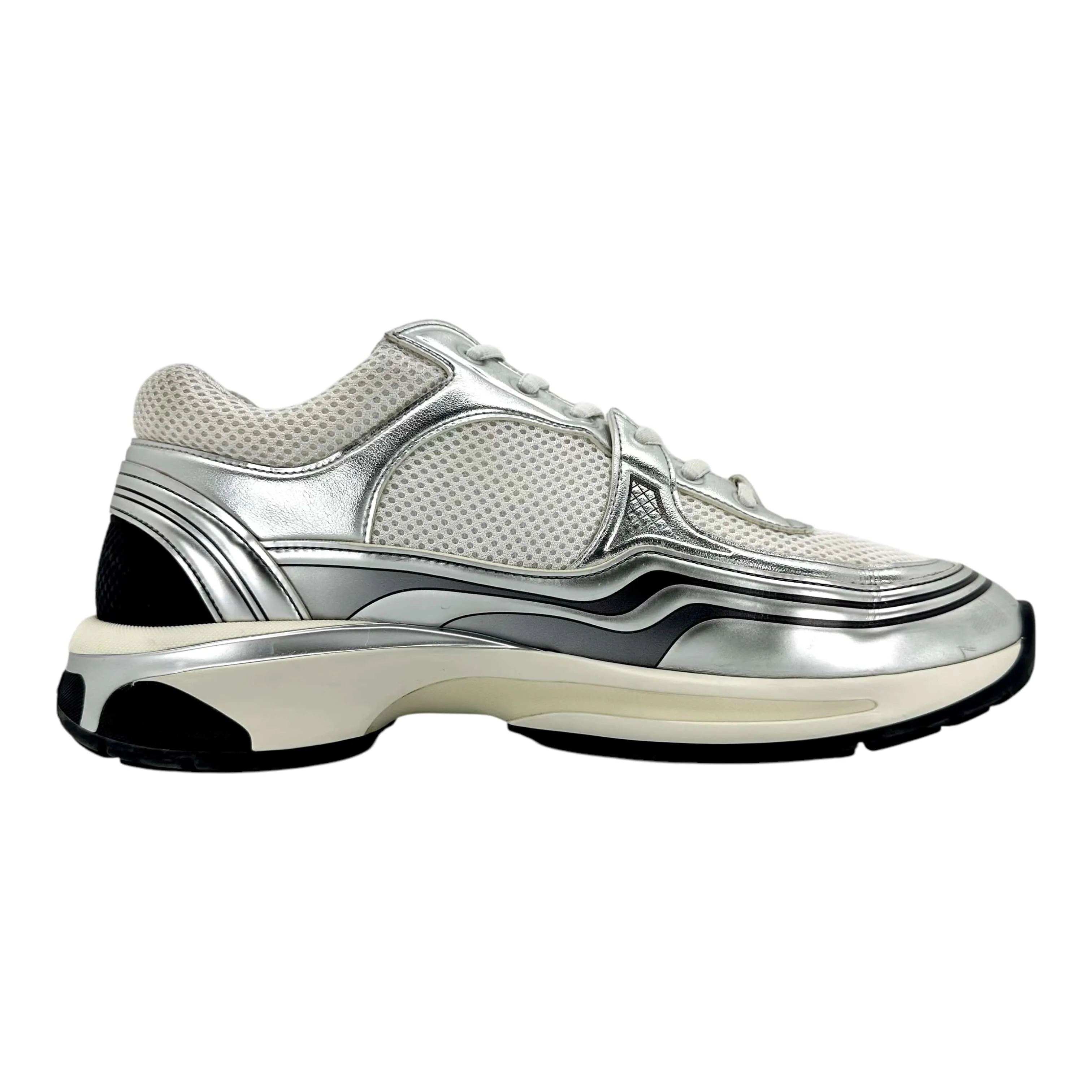 Chanel CC Logo Trainer Low Mesh White Light Grey Silver Pre-Owned