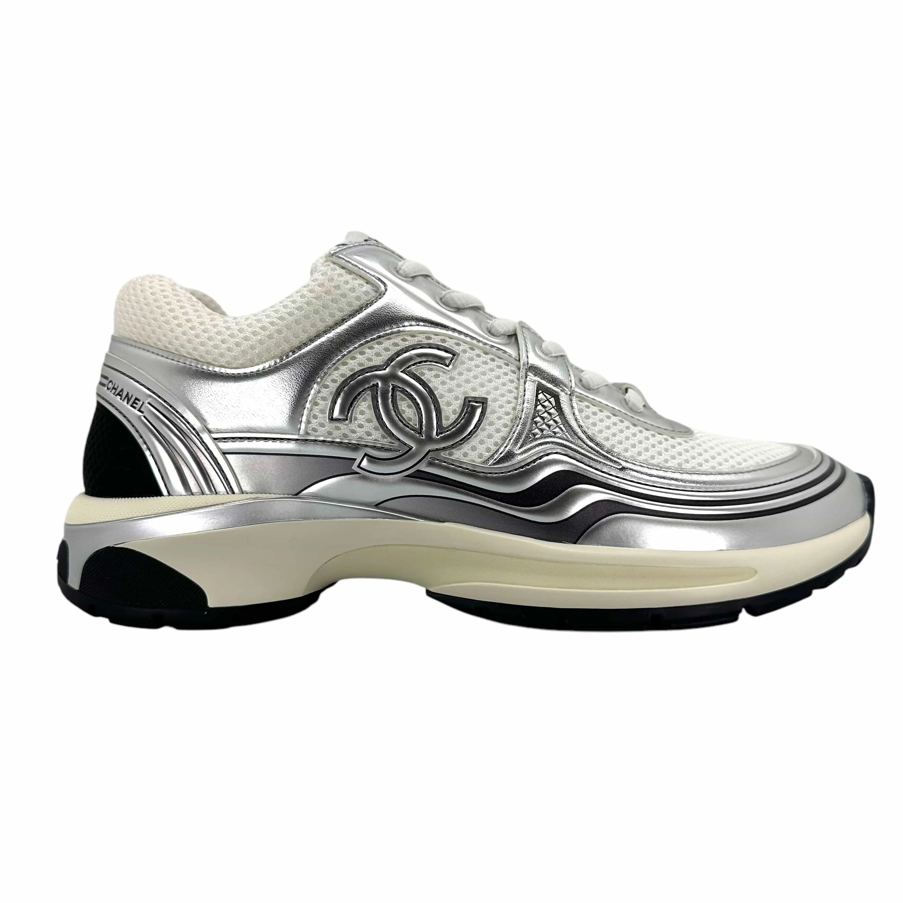 Chanel CC Logo Trainer Low Mesh White Light Grey Silver