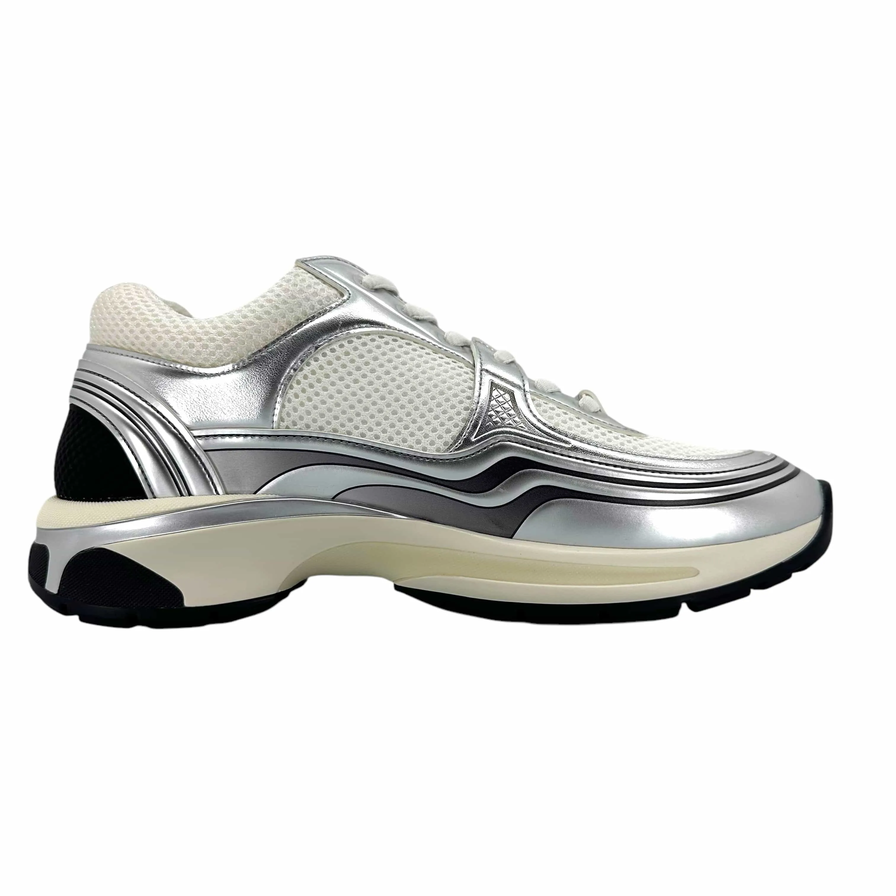 Chanel CC Logo Trainer Low Mesh White Light Grey Silver