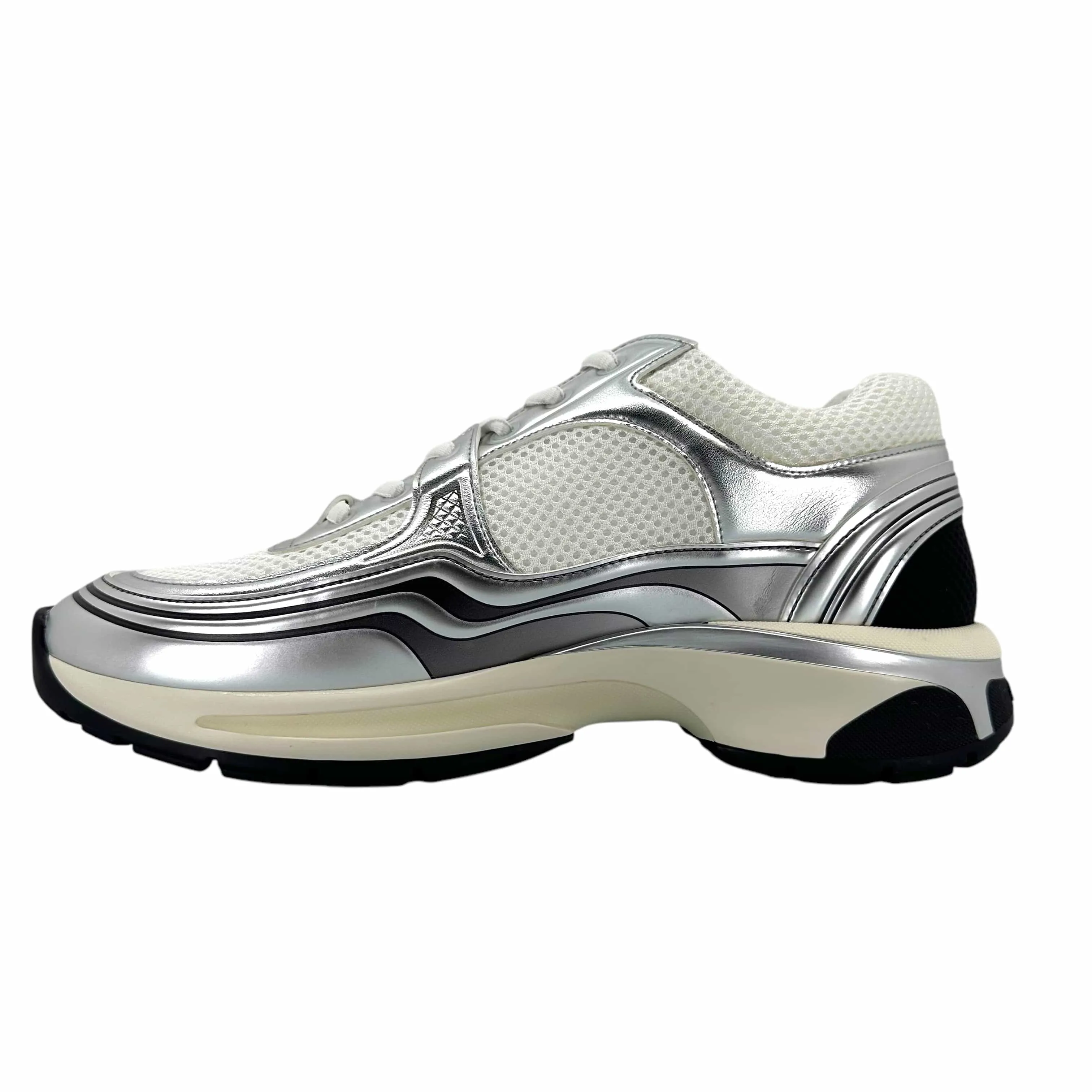 Chanel CC Logo Trainer Low Mesh White Light Grey Silver