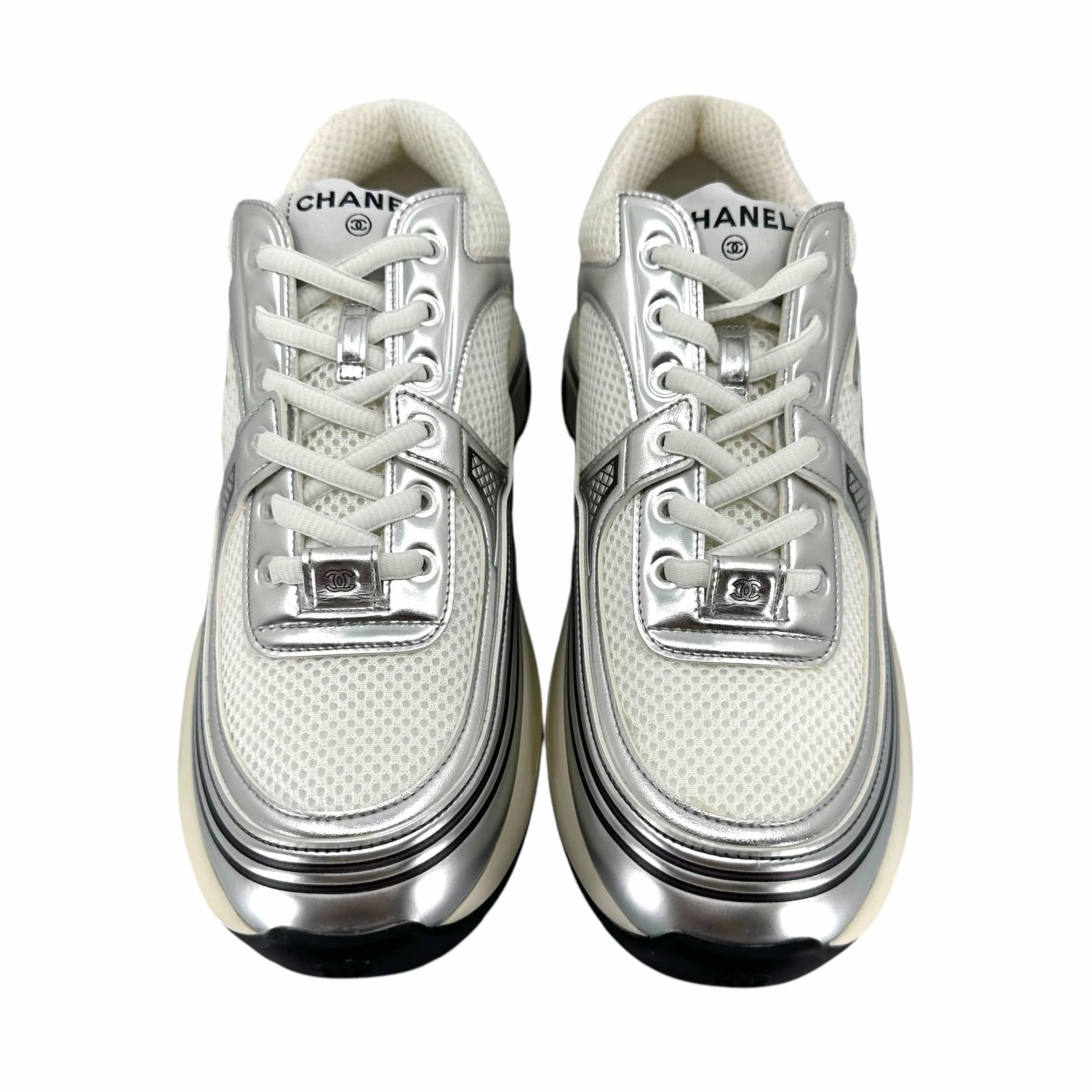 Chanel CC Logo Trainer Low Mesh White Light Grey Silver