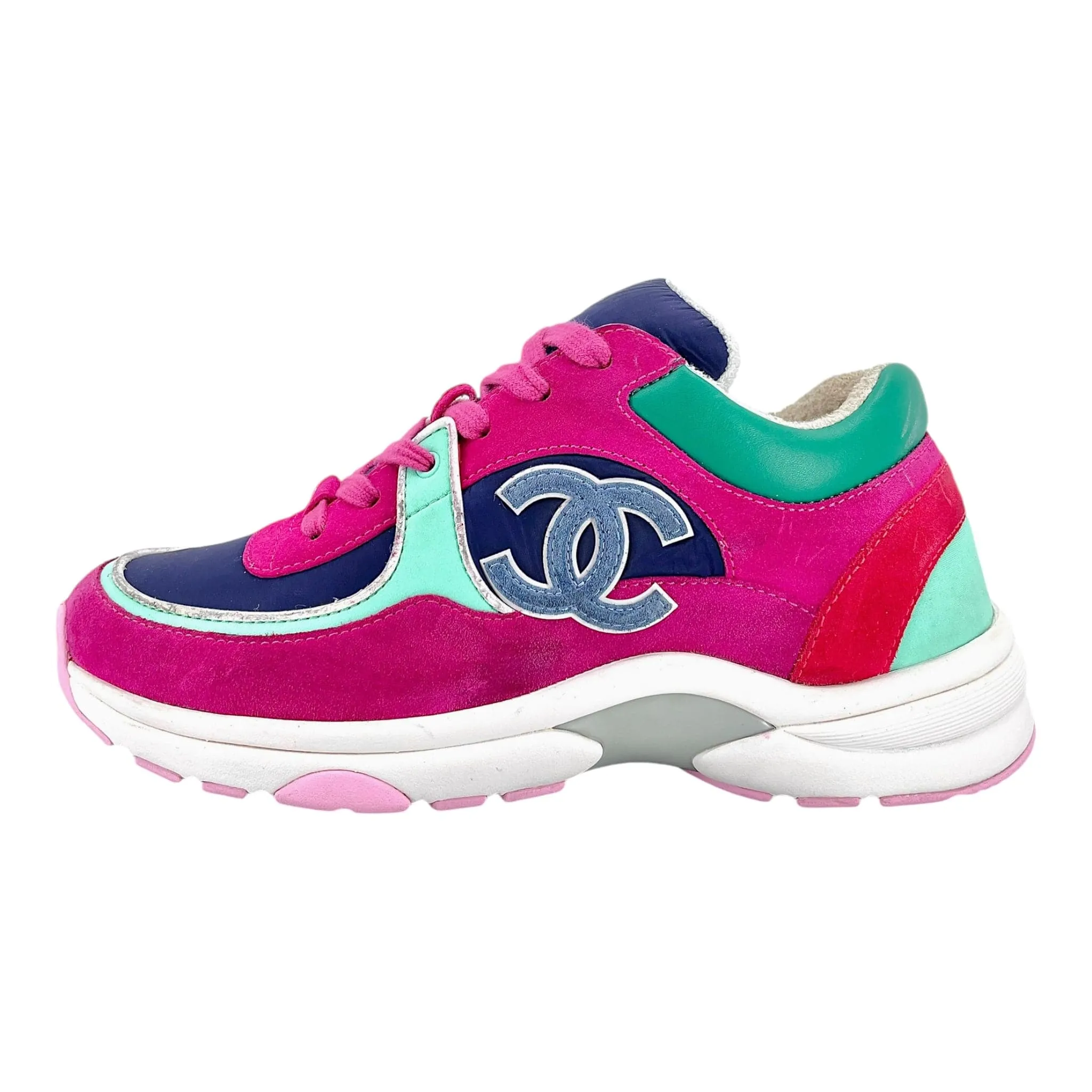 Chanel CC Logo Trainer Low Suede Pink Turquoise Pre-Owned