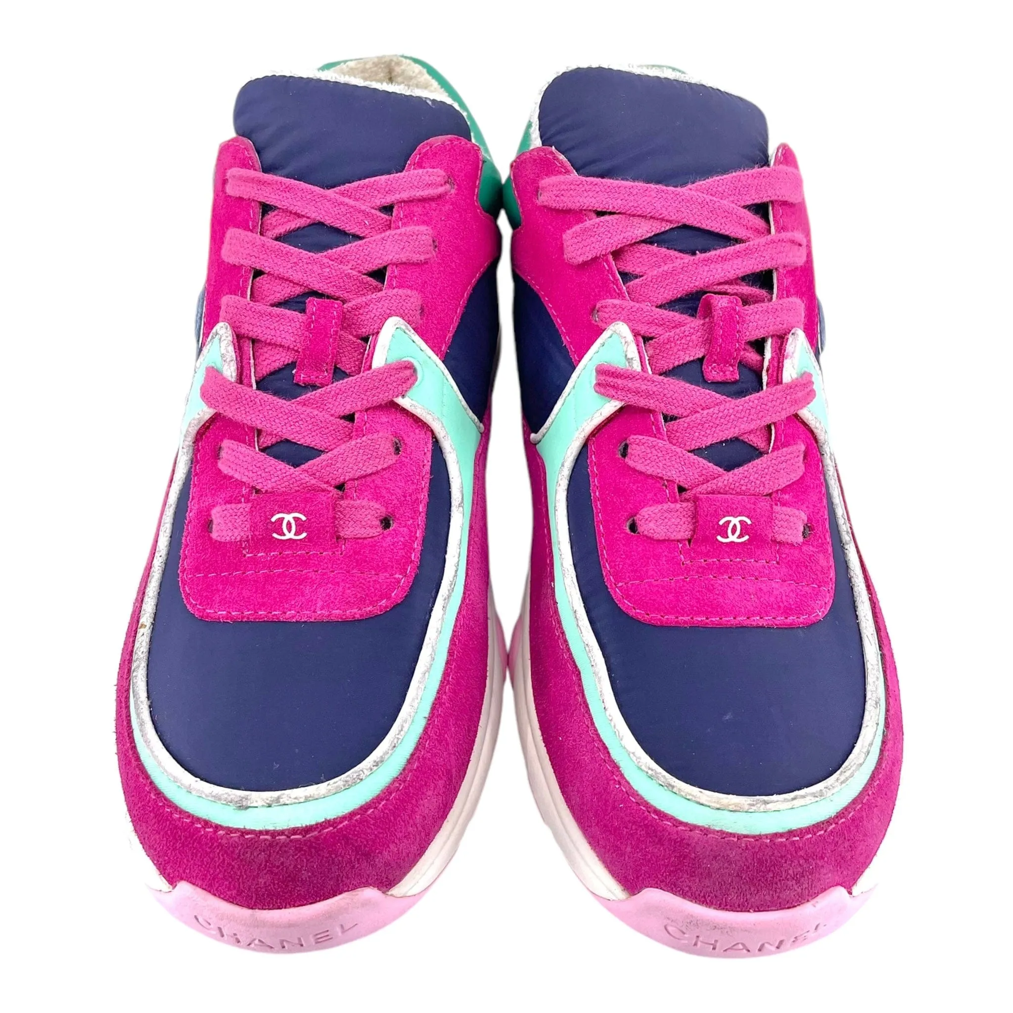Chanel CC Logo Trainer Low Suede Pink Turquoise Pre-Owned
