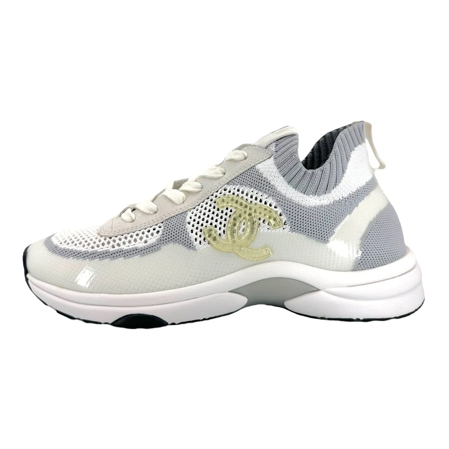 Chanel CC Low Top Knit Trainer White Grey Pre-Owned