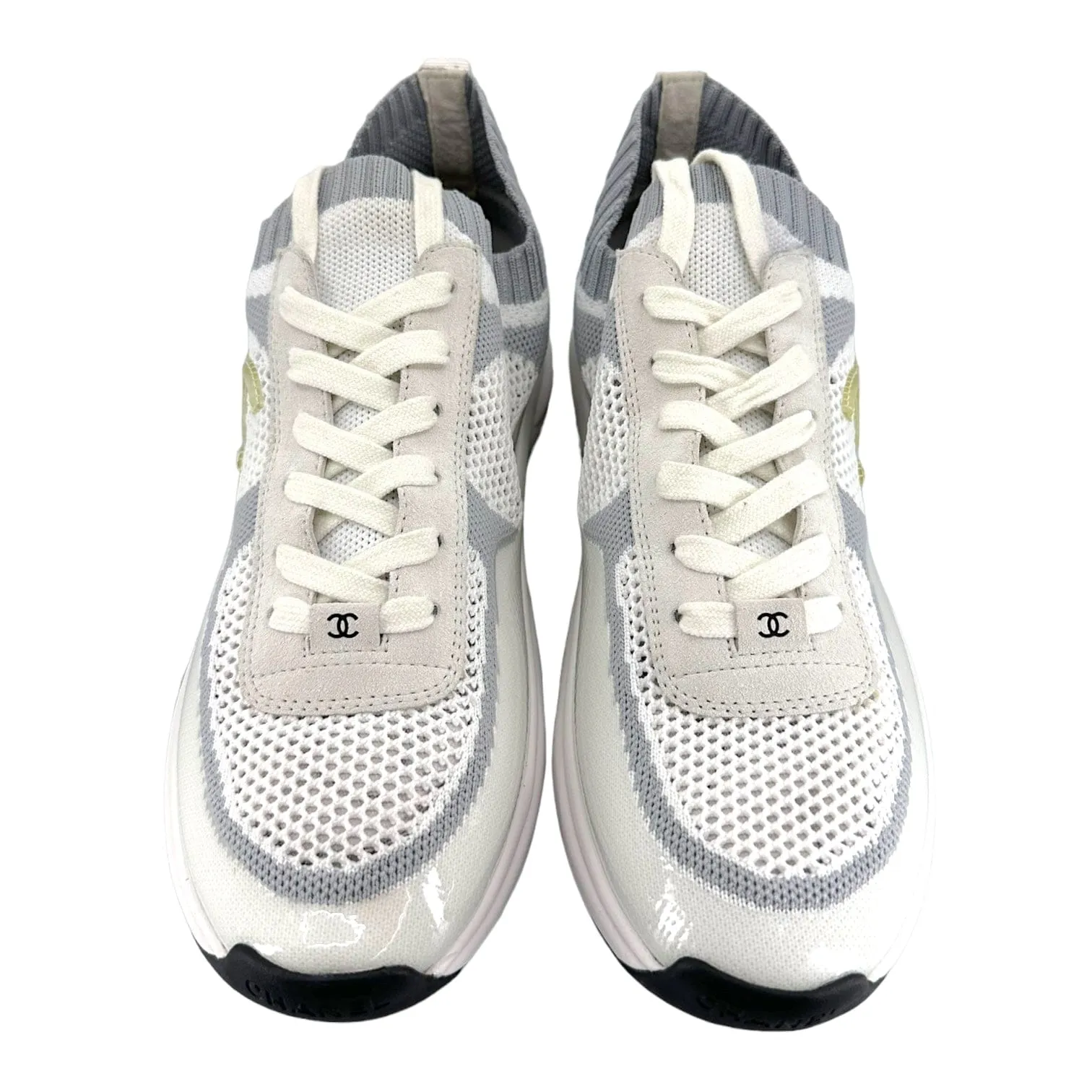 Chanel CC Low Top Knit Trainer White Grey Pre-Owned
