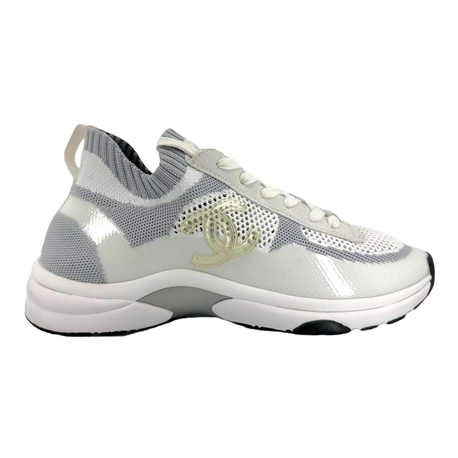 Chanel CC Low Top Knit Trainer White Grey Pre-Owned