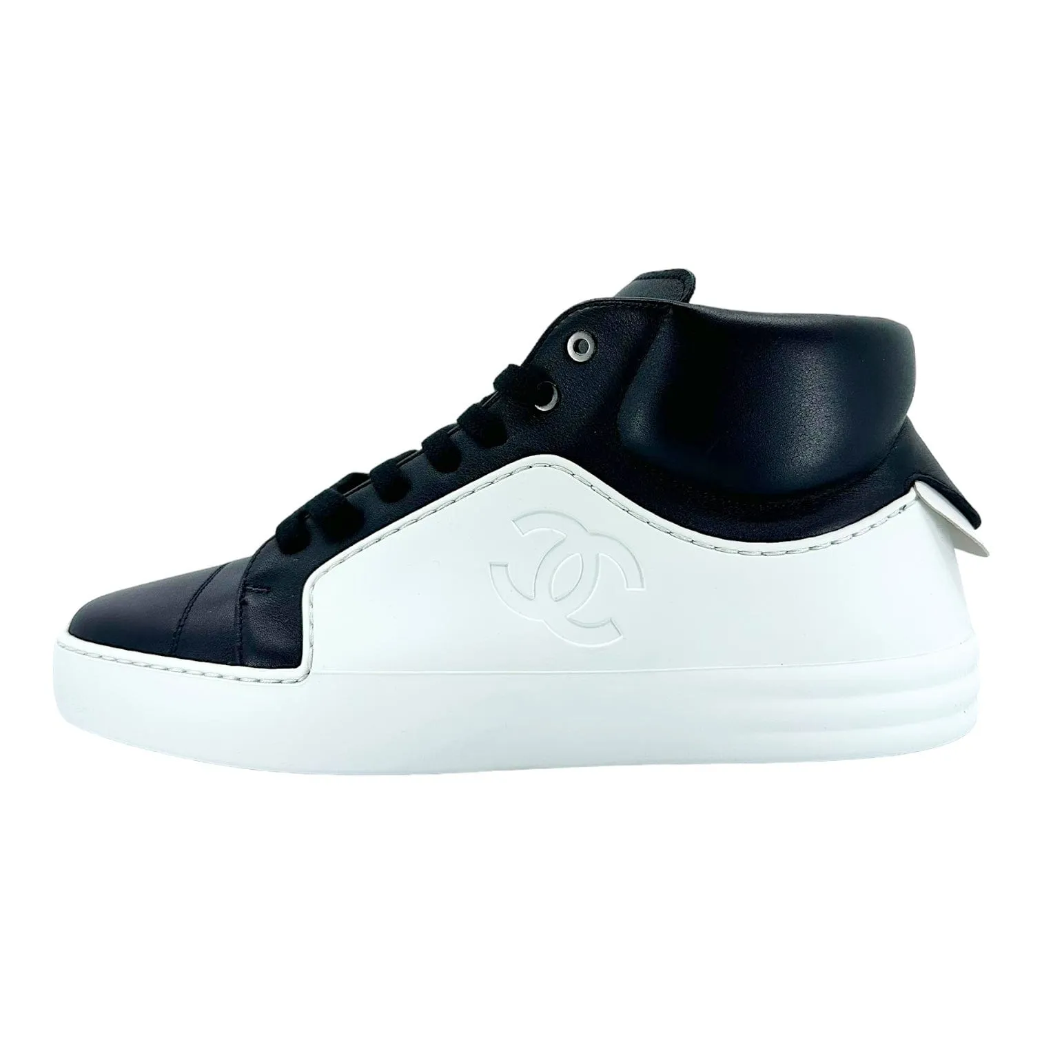 Chanel CC Mid Top Calf Skin Trainer Black White