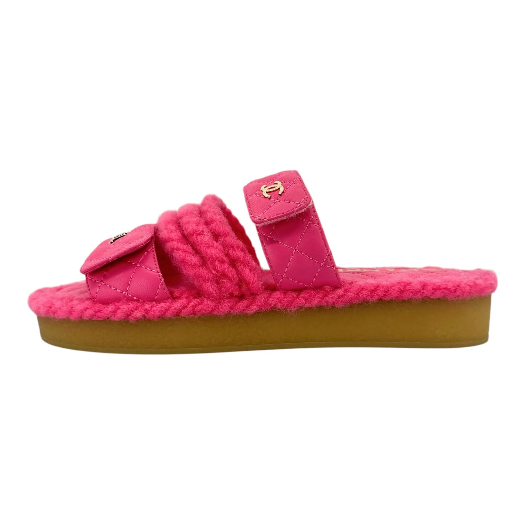 Chanel Cord Lambskin Quilted Logo Sandal Pink Beige