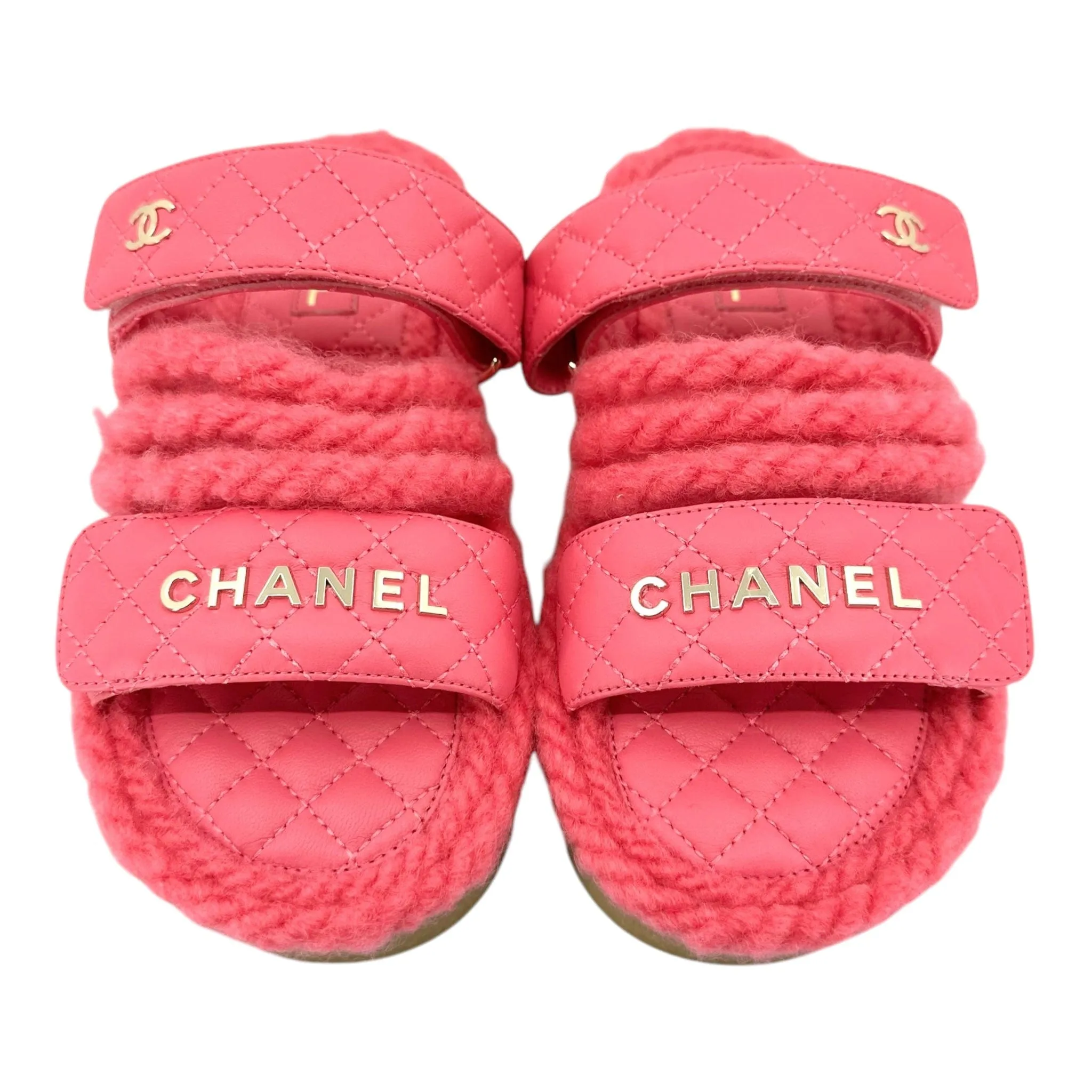 Chanel Cord Lambskin Quilted Logo Sandal Pink Beige