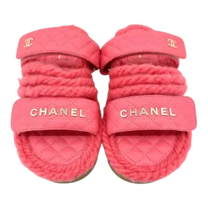 Chanel Cord Lambskin Quilted Logo Sandal Pink Beige