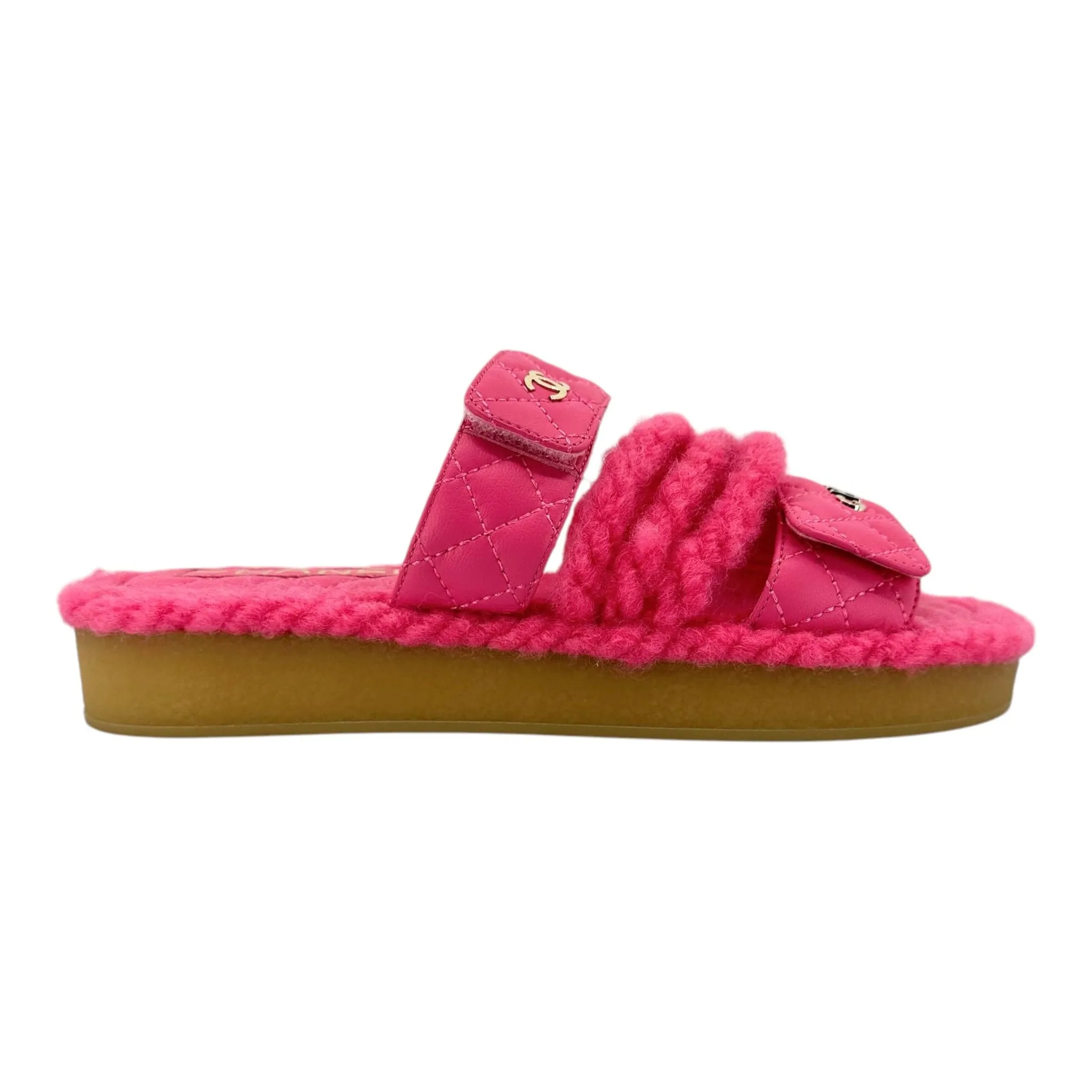 Chanel Cord Lambskin Quilted Logo Sandal Pink Beige