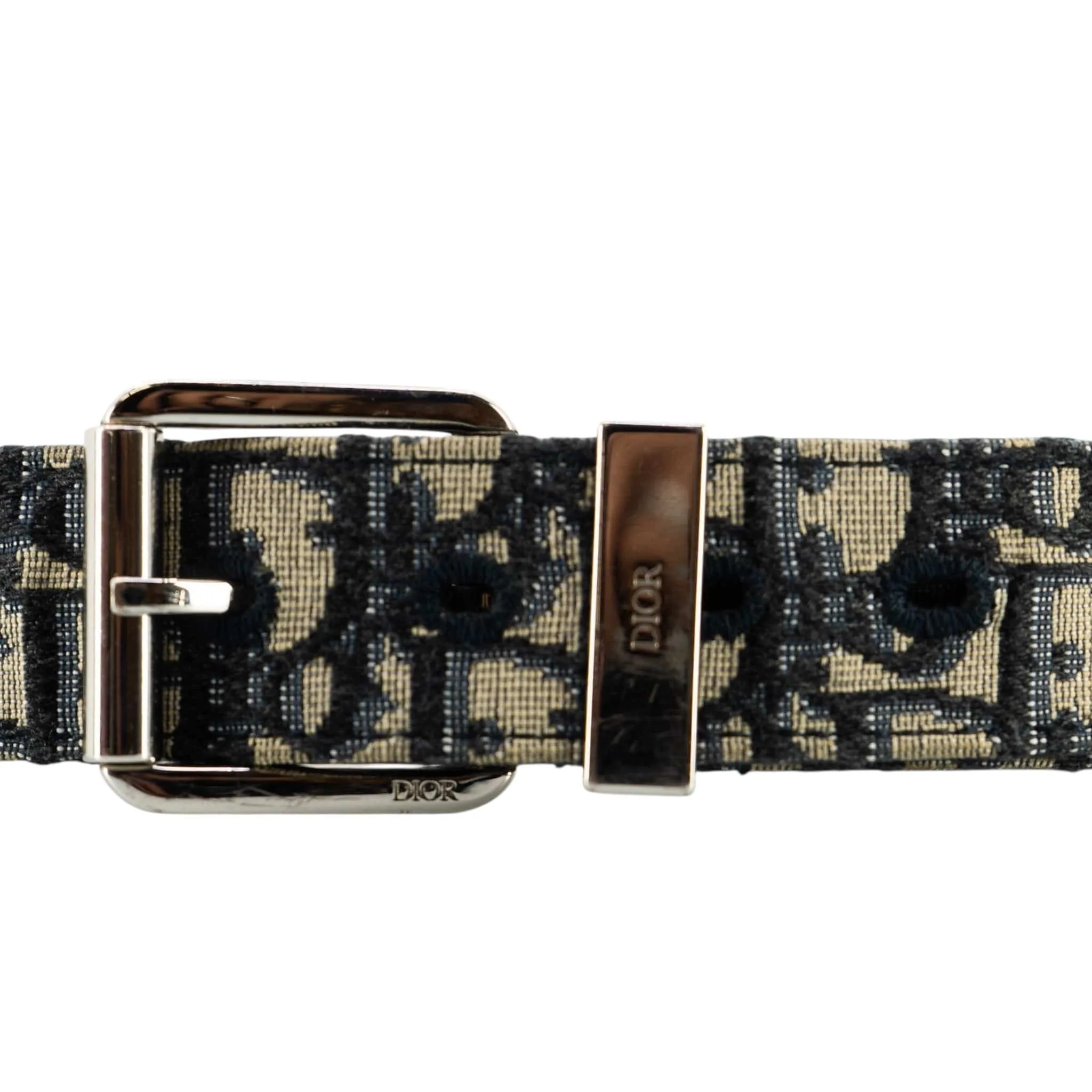 Dior Oblique Logo Belt Navy Blue Beige Silver Pre-Owned