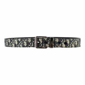 Dior Oblique Logo Belt Navy Blue Beige Silver Pre-Owned