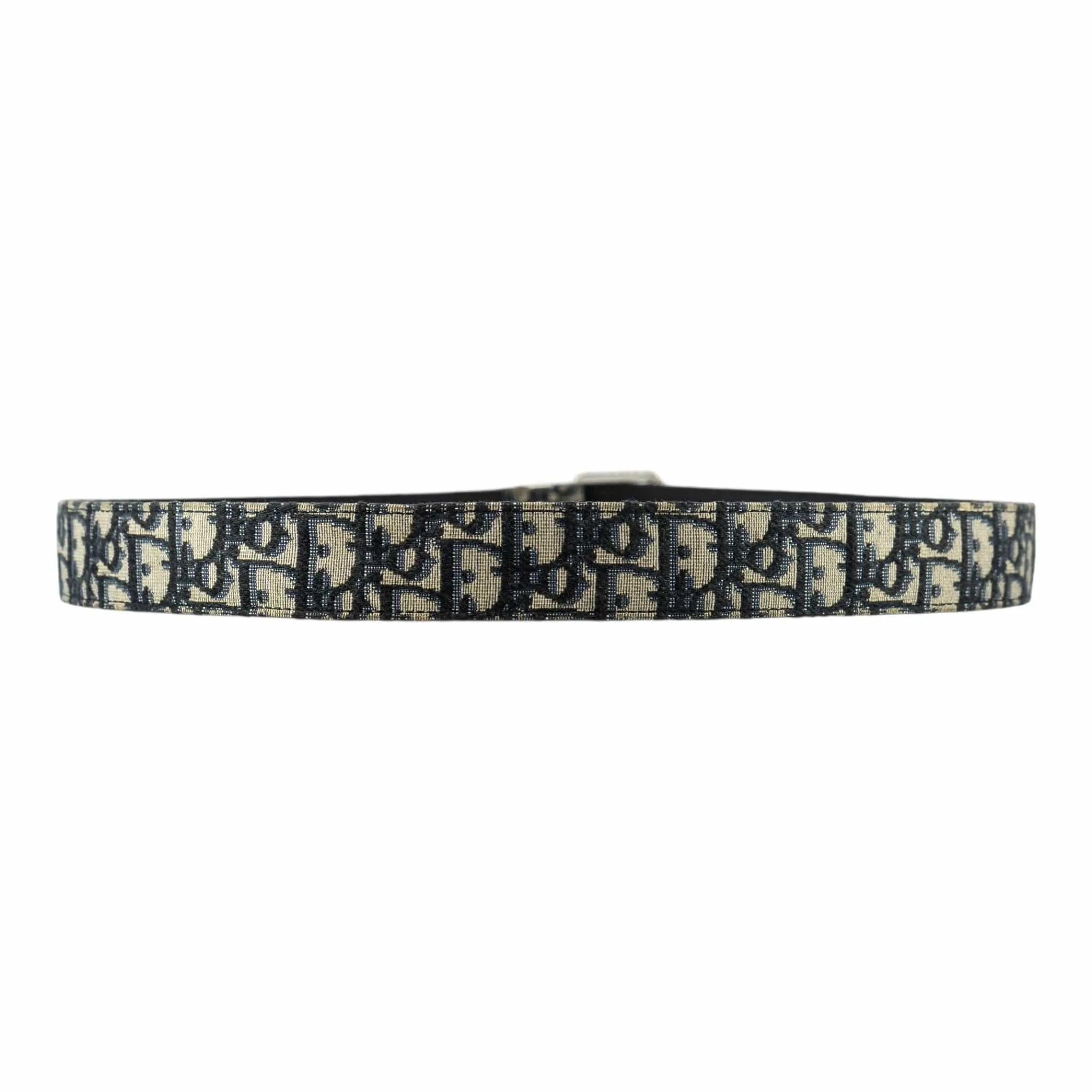Dior Oblique Logo Belt Navy Blue Beige Silver Pre-Owned
