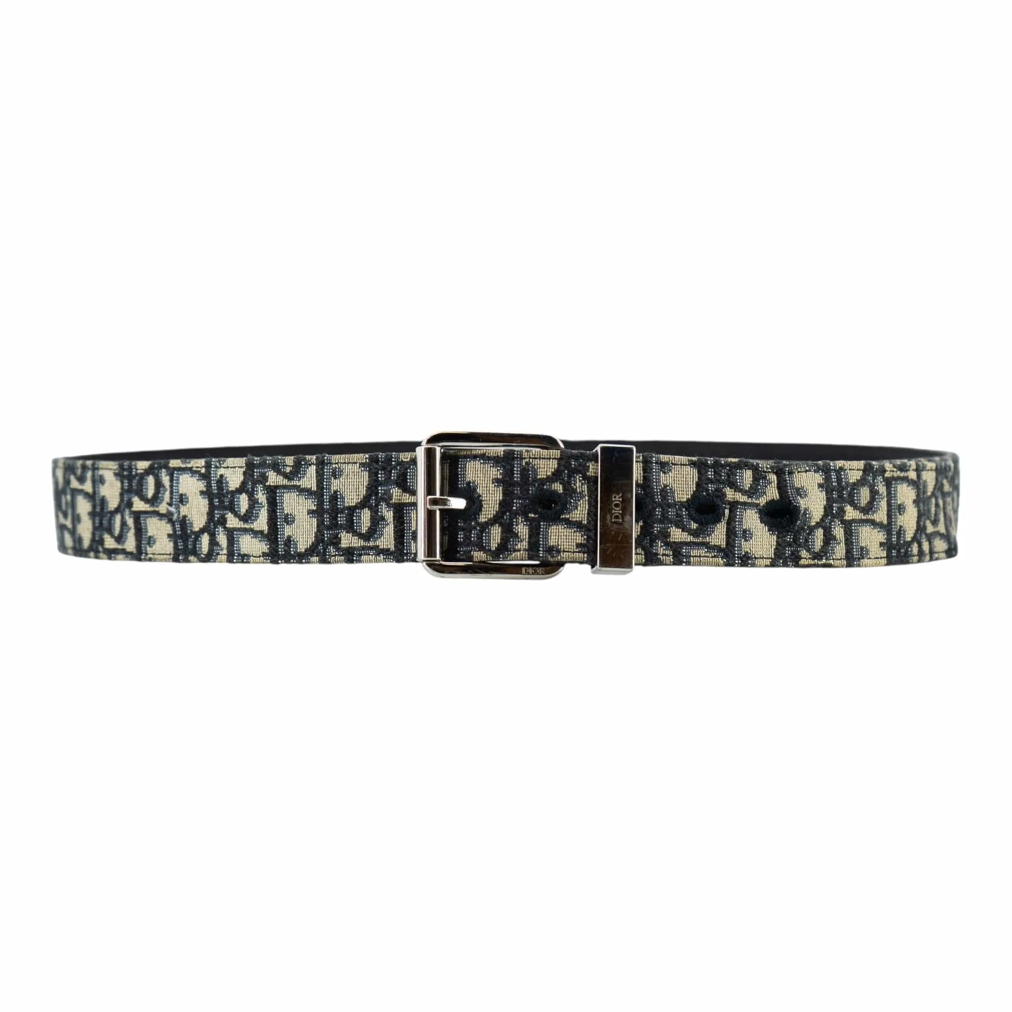 Dior Oblique Logo Belt Navy Blue Beige Silver Pre-Owned