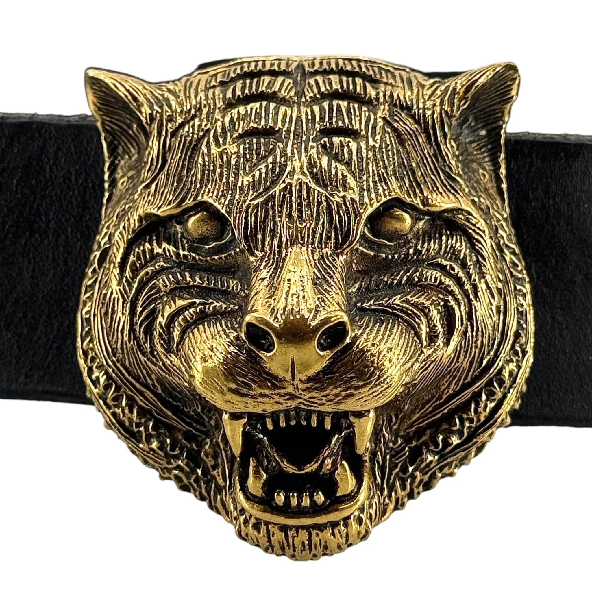 Gucci Feline Antique Gold Buckle Leather Belt Black Pre-Owned