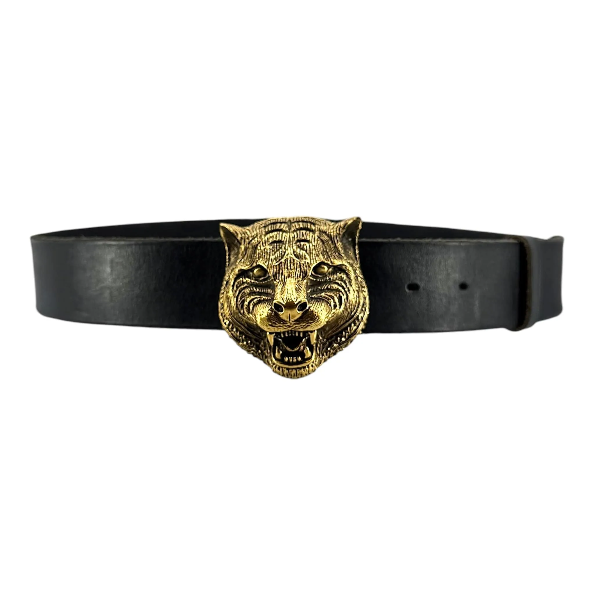 Gucci Feline Antique Gold Buckle Leather Belt Black Pre-Owned