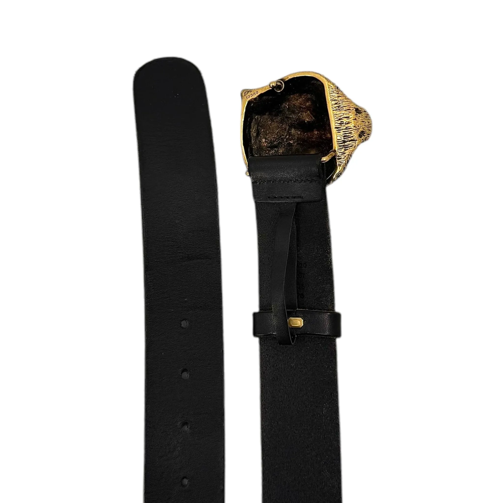 Gucci Feline Antique Gold Buckle Leather Belt Black Pre-Owned