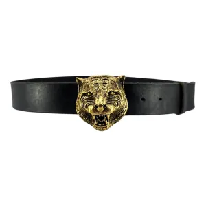 Gucci Feline Antique Gold Buckle Leather Belt Black Pre-Owned