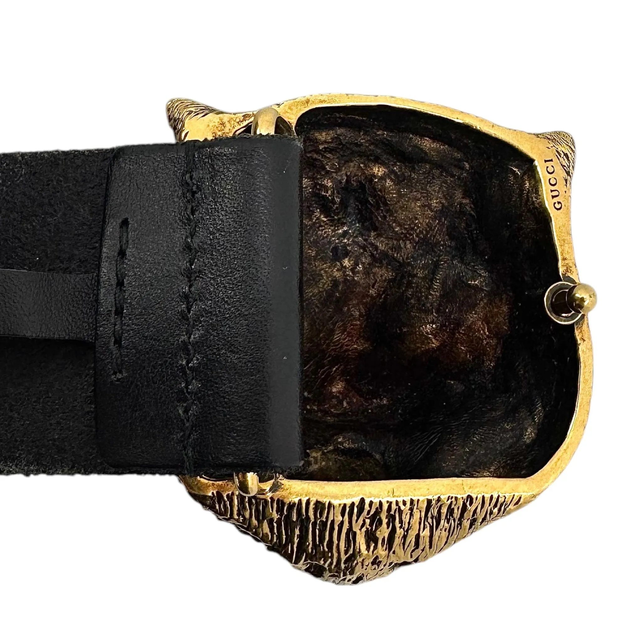 Gucci Feline Antique Gold Buckle Leather Belt Black Pre-Owned