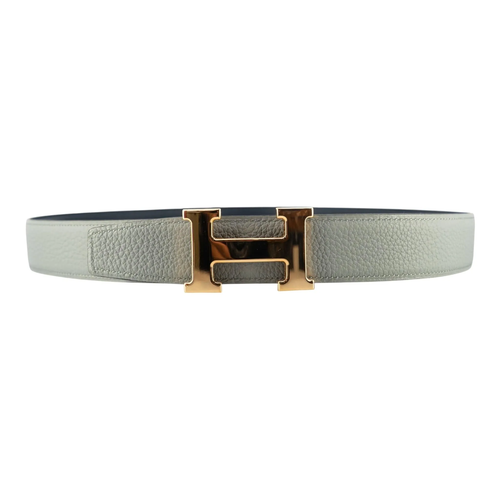 Hermes H Buckle 32MM Reversible Leather Belt Grey Navy Blue Gold Pre-Owned