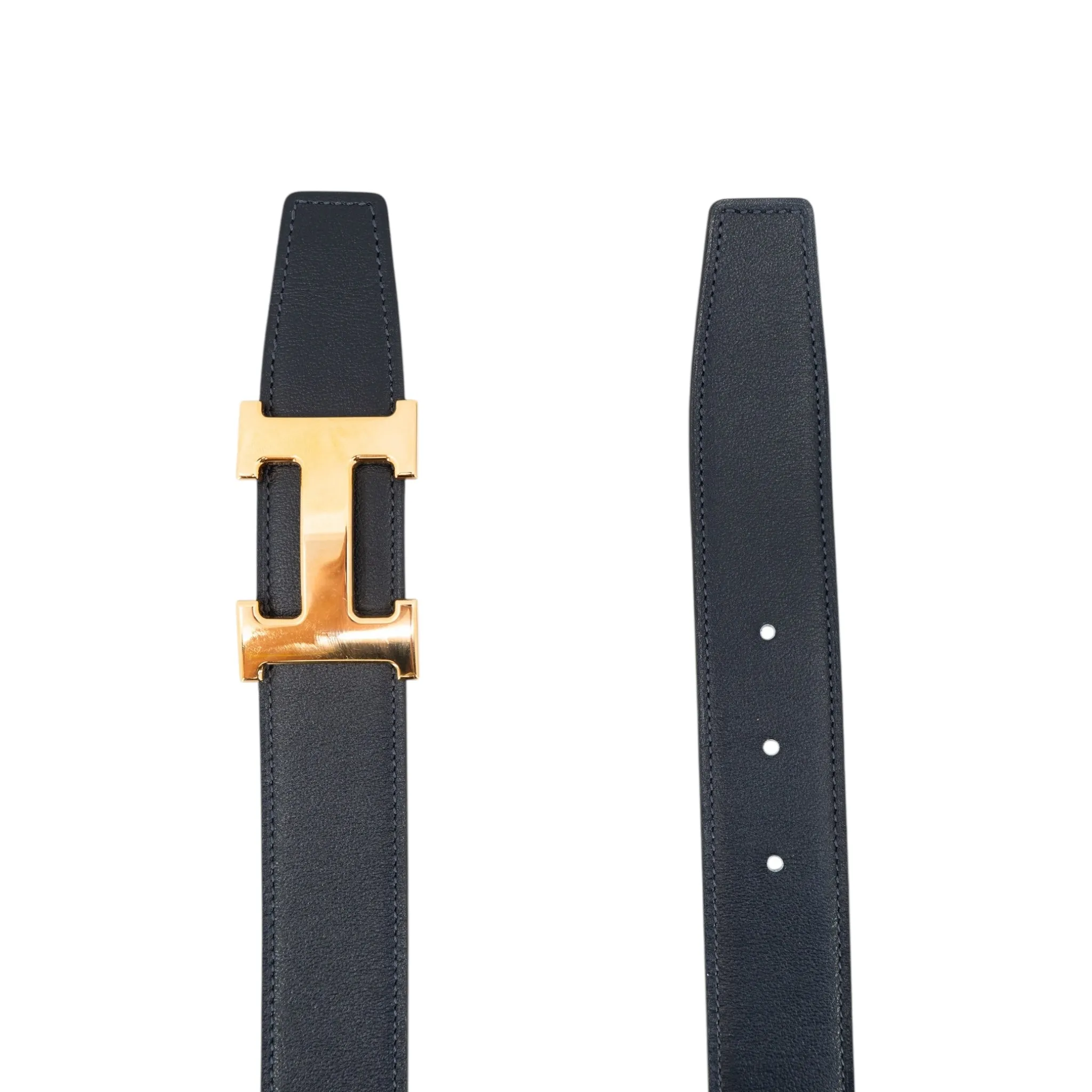 Hermes H Buckle 32MM Reversible Leather Belt Grey Navy Blue Gold Pre-Owned
