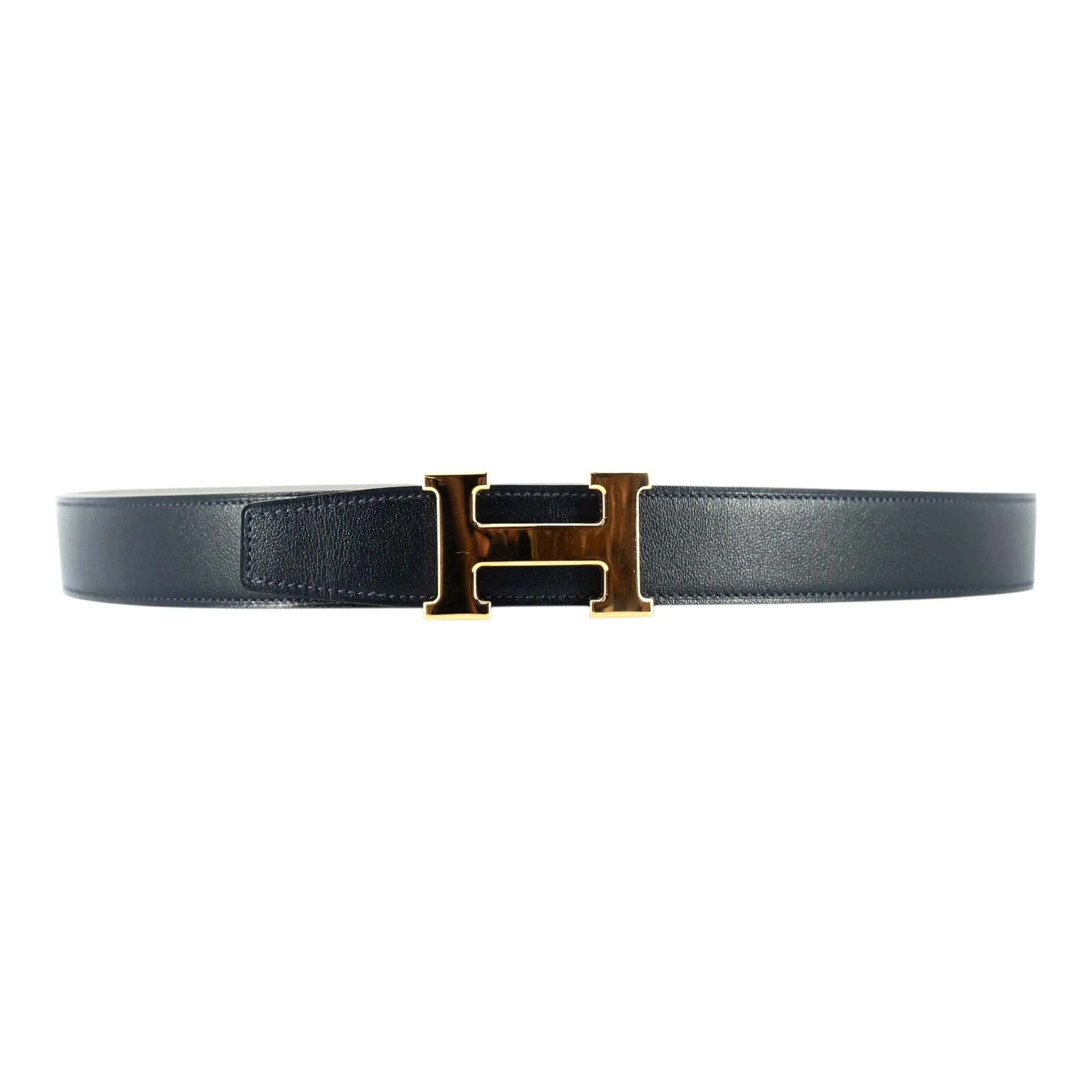 Hermes H Buckle 32MM Reversible Leather Belt Grey Navy Blue Gold Pre-Owned