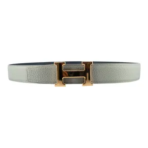 Hermes H Buckle 32MM Reversible Leather Belt Grey Navy Blue Gold Pre-Owned