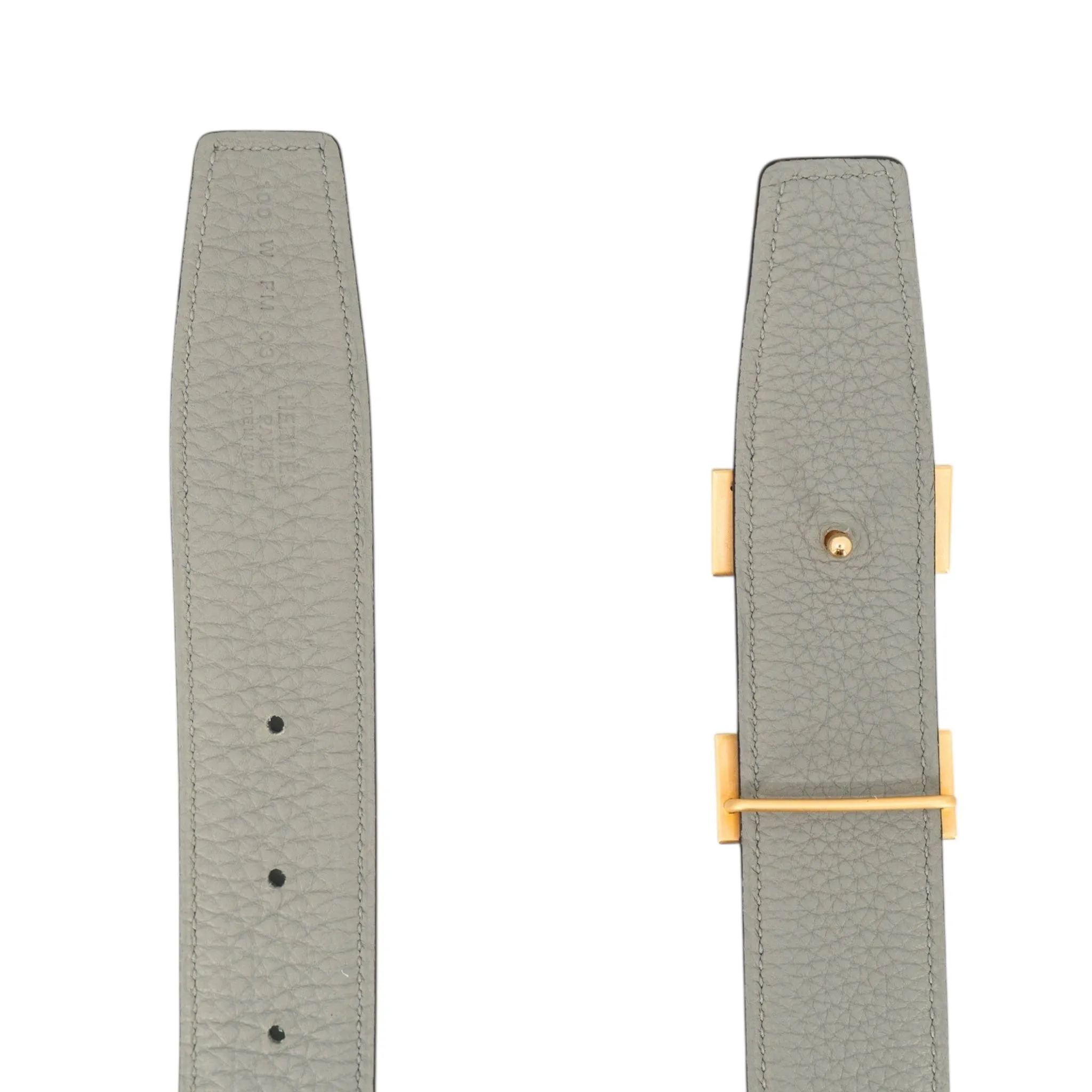 Hermes H Buckle 32MM Reversible Leather Belt Grey Navy Blue Gold Pre-Owned