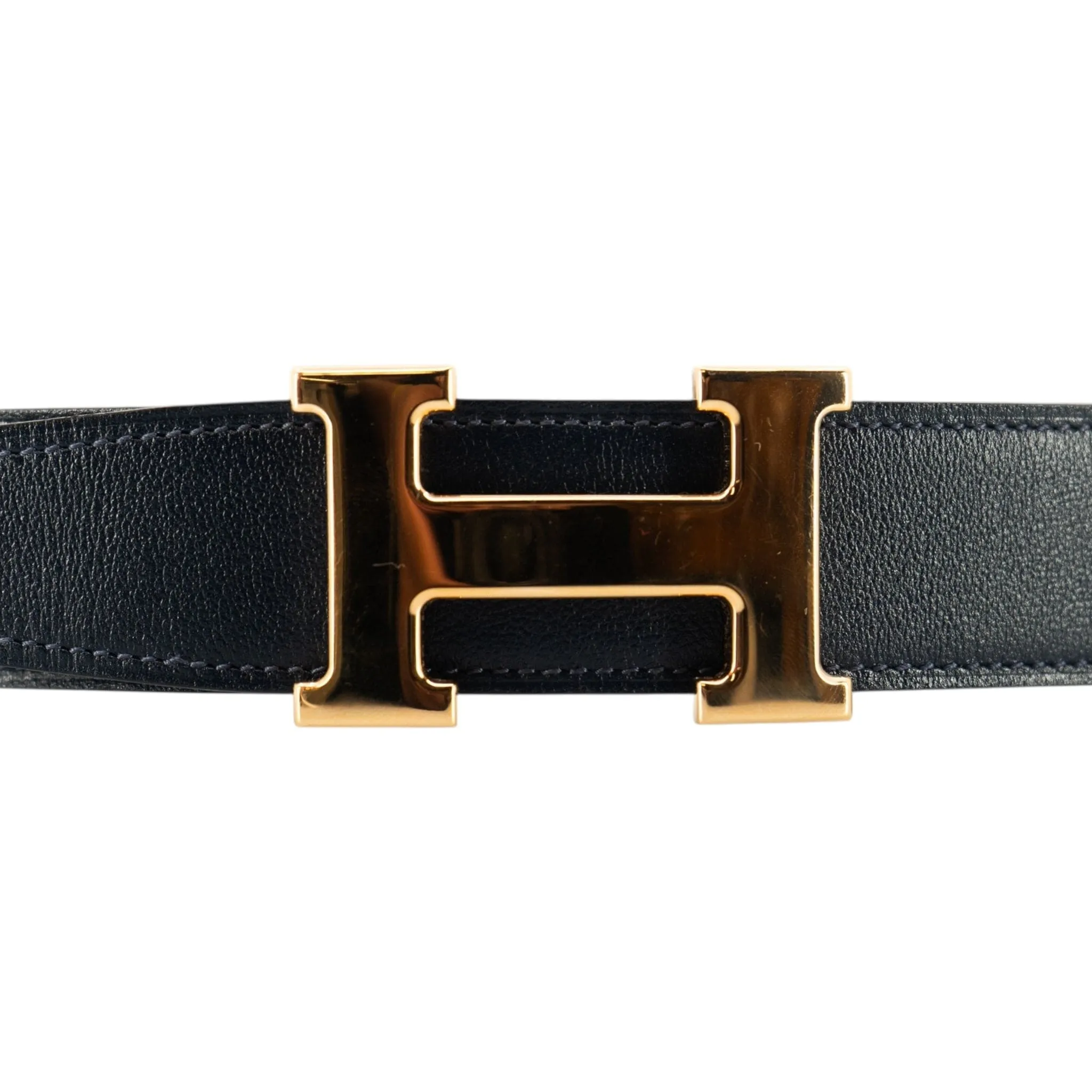 Hermes H Buckle 32MM Reversible Leather Belt Grey Navy Blue Gold Pre-Owned
