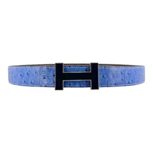 Hermes Hermes H Buckle 32MM Reversible Ostrich Leather Belt Brown Blue Pre-Owned