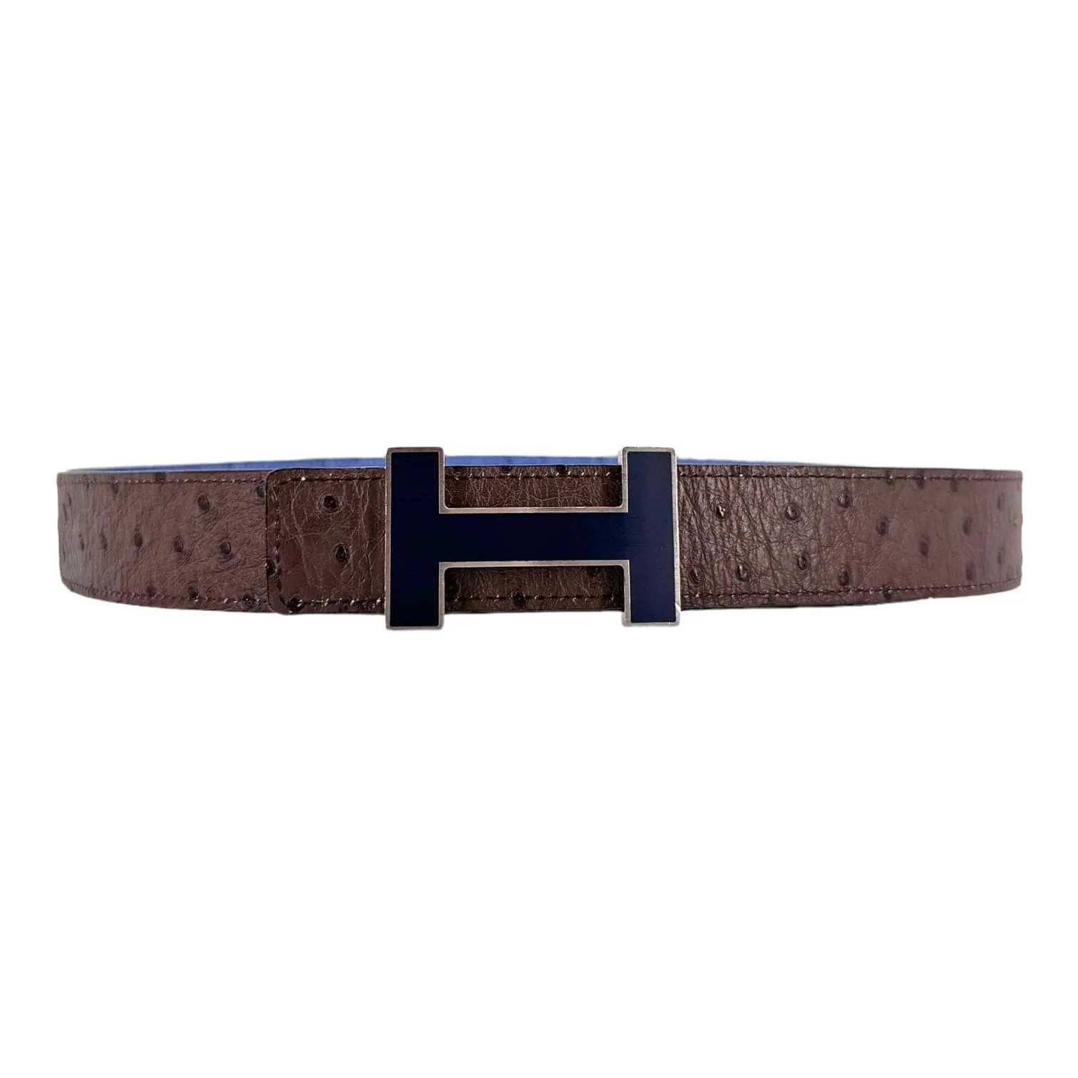 Hermes Hermes H Buckle 32MM Reversible Ostrich Leather Belt Brown Blue Pre-Owned