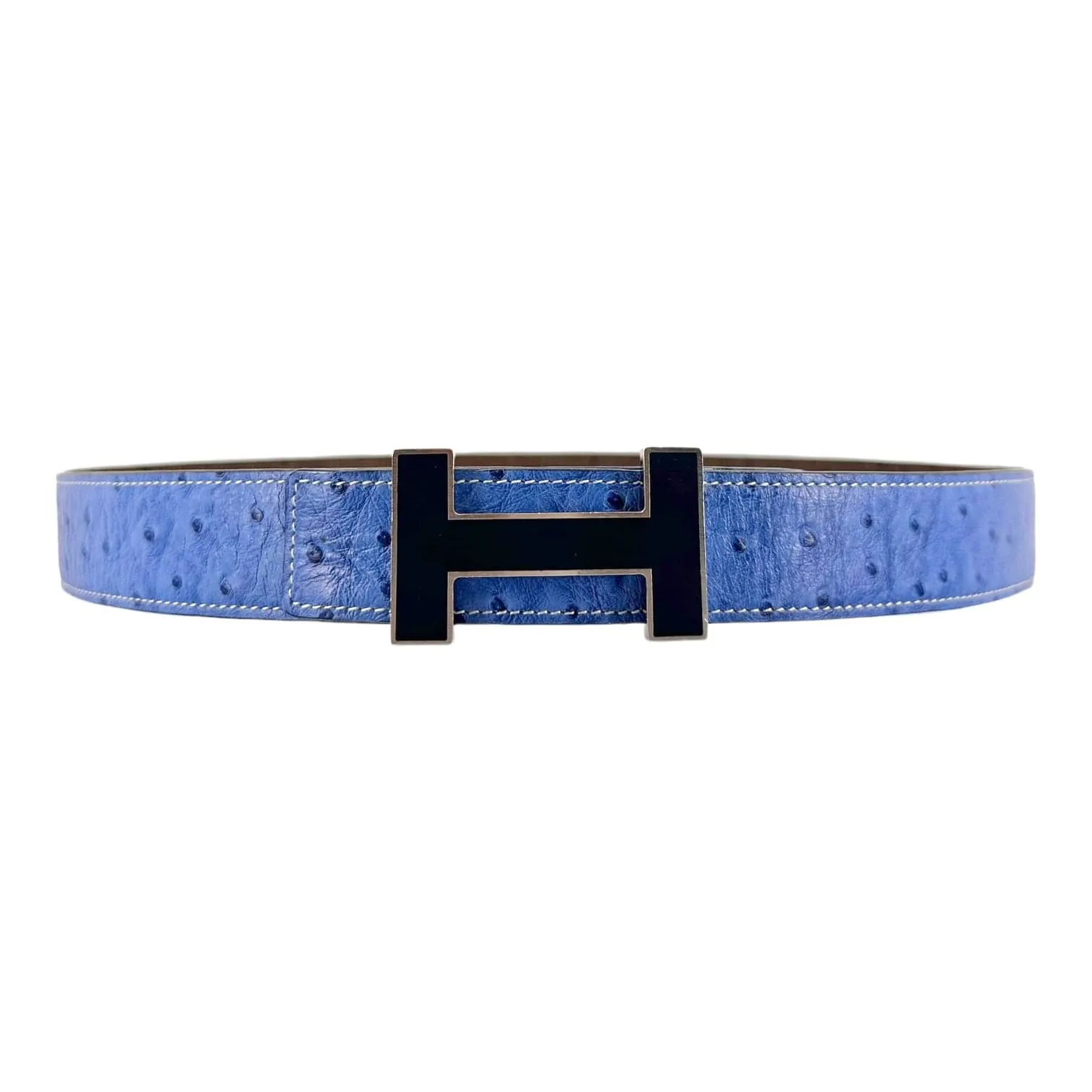 Hermes Hermes H Buckle 32MM Reversible Ostrich Leather Belt Brown Blue Pre-Owned