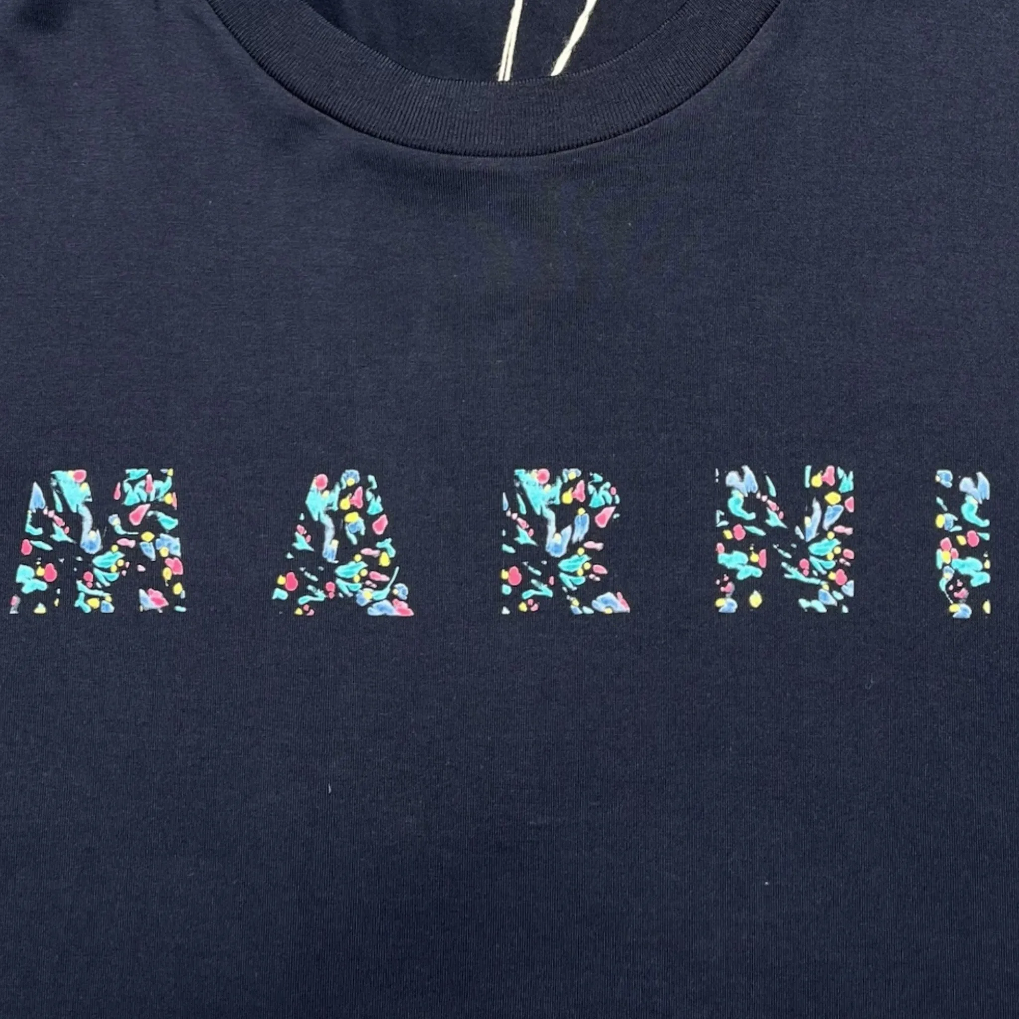 Marni Floral Logo Short Sleeve Tee Shirt Navy Blue