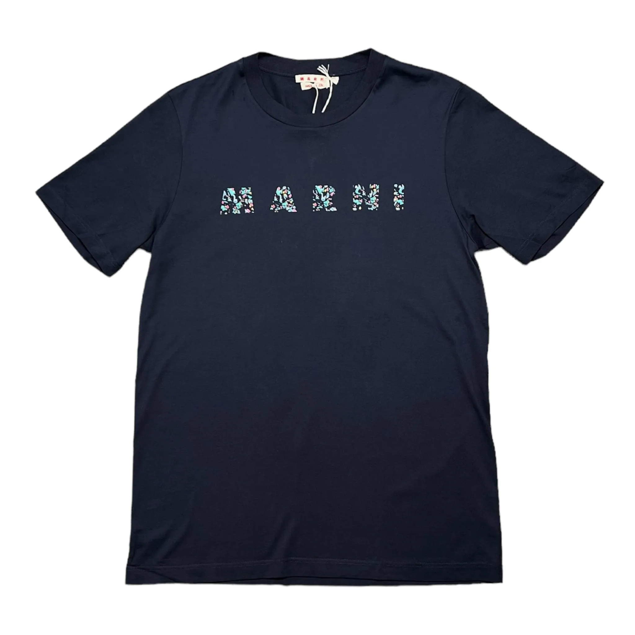 Marni Floral Logo Short Sleeve Tee Shirt Navy Blue