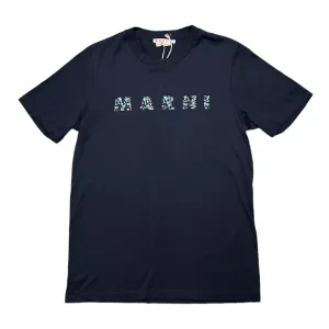 Marni Floral Logo Short Sleeve Tee Shirt Navy Blue